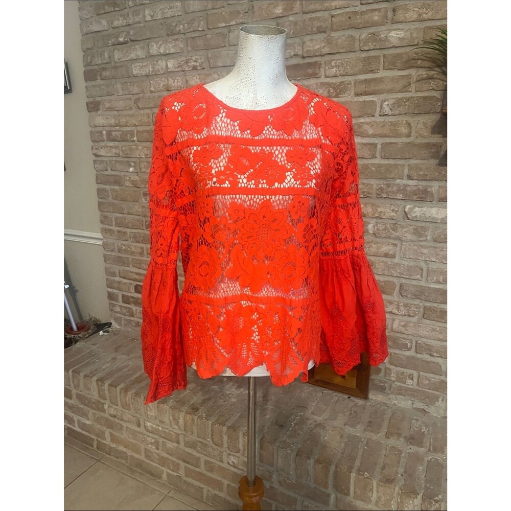 Adiva Vibrant Orange Floral Lace Bell-Sleeve Blouse